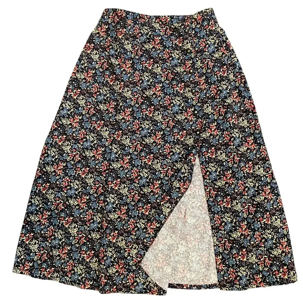 Vintage 80s 90s Floral 2pc Set Button Top & Midi Skirt Side Buttons - Picture 12 of 15